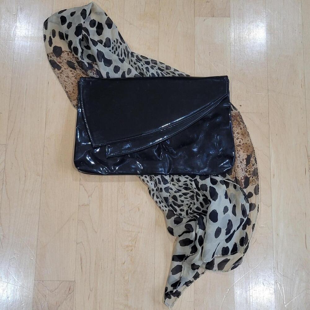 Vintage XL Black Patent Leather Envelope Clutch Bag and Leopard Cheetah Scarf